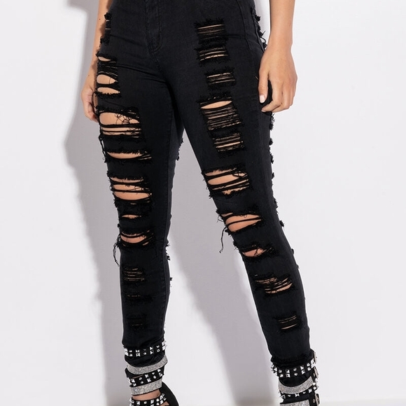 New! AKIRA Show Me Baby Black Distressed Stretch Denim Skinny Jeans - Picture 4 of 12